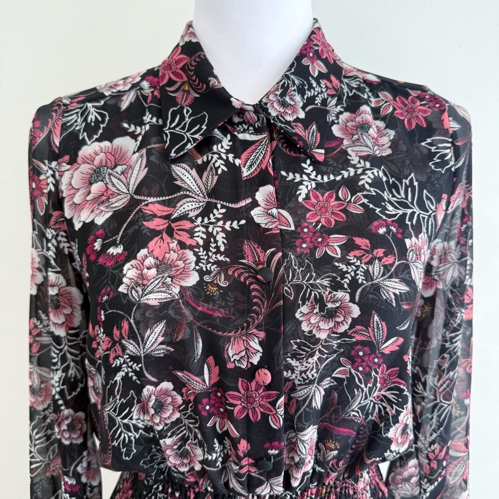 MISA MAYLI BLACK PINK WHITE FLORAL PRINT LONG SLEEVE COLLARED BUTTON UP DRESS - Picture 4 of 17